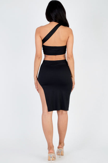 [$3/piece] Sexy Solid One Shoulder Crop Top & Split Thigh Midi Skirt Set