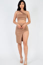 [$3/piece] Sexy Solid One Shoulder Crop Top & Split Thigh Midi Skirt Set