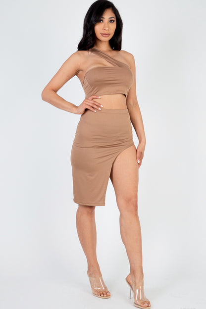 [$3/piece] Sexy Solid One Shoulder Crop Top & Split Thigh Midi Skirt Set