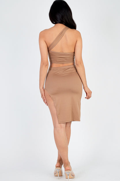 [$3/piece] Sexy Solid One Shoulder Crop Top & Split Thigh Midi Skirt Set