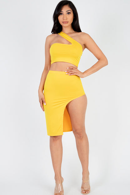 [$3/piece] Sexy Solid One Shoulder Crop Top & Split Thigh Midi Skirt Set