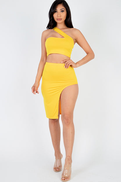 [$3/piece] Sexy Solid One Shoulder Crop Top & Split Thigh Midi Skirt Set