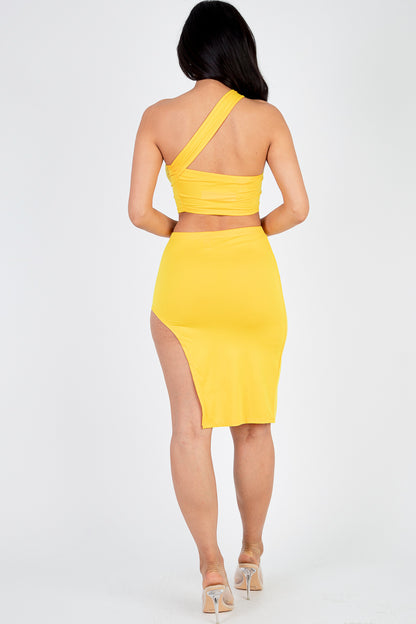 [$3/piece] Sexy Solid One Shoulder Crop Top & Split Thigh Midi Skirt Set