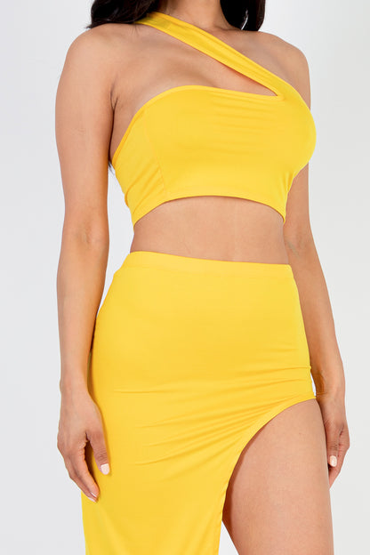 [$3/piece] Sexy Solid One Shoulder Crop Top & Split Thigh Midi Skirt Set