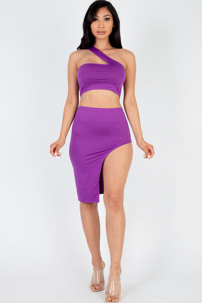 [$3/piece] Sexy Solid One Shoulder Crop Top & Split Thigh Midi Skirt Set