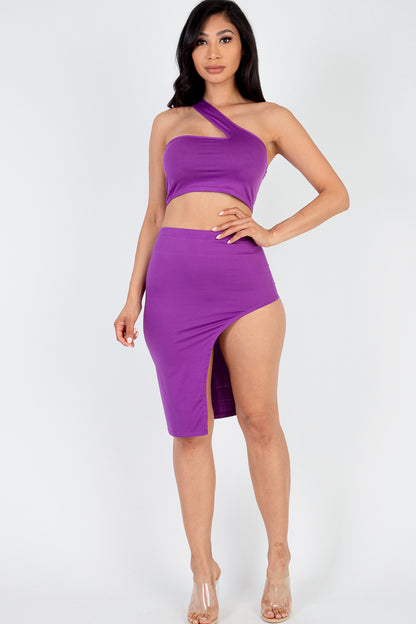 [$3/piece] Sexy Solid One Shoulder Crop Top & Split Thigh Midi Skirt Set