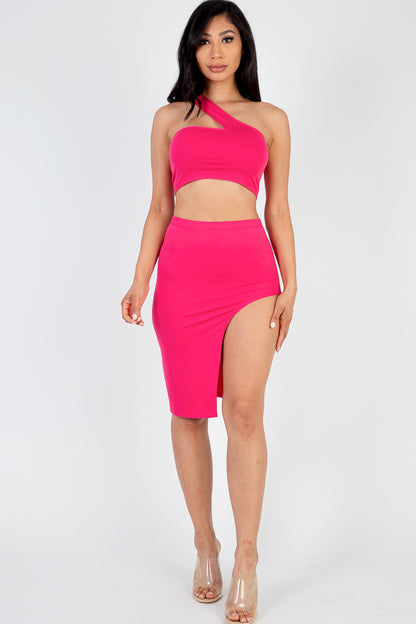 [$3/piece] Sexy Solid One Shoulder Crop Top & Split Thigh Midi Skirt Set