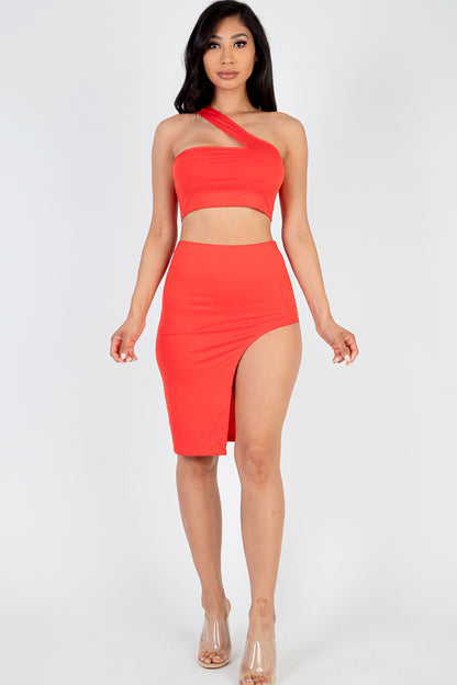 [$3/piece] Sexy Solid One Shoulder Crop Top & Split Thigh Midi Skirt Set