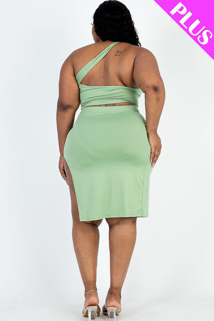 [$5/piece] Plus Size Sexy Solid One Shoulder Crop Top & Split Thigh Midi Skirt Set