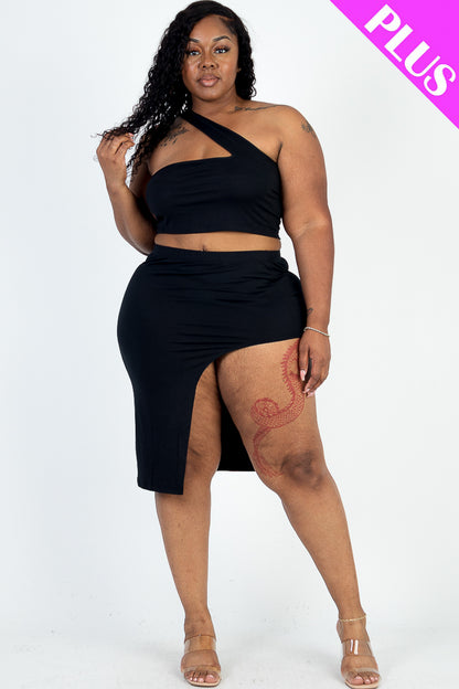 [$5/piece] Plus Size Sexy Solid One Shoulder Crop Top & Split Thigh Midi Skirt Set