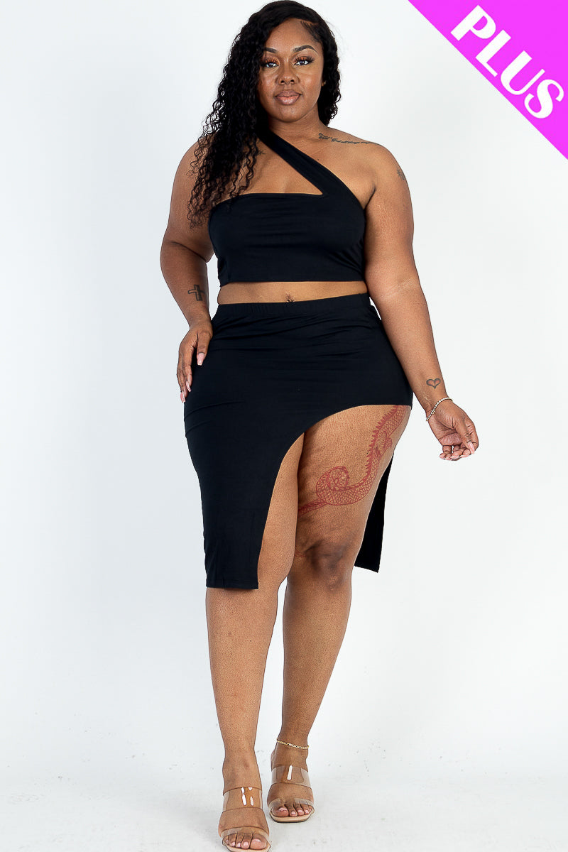 5/piece] Plus Size Sexy Solid One Shoulder Crop Top & Split Thigh