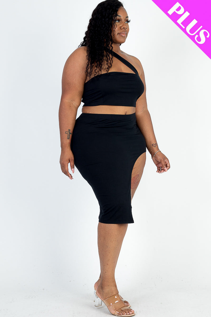 5/piece] Plus Size Sexy Solid One Shoulder Crop Top & Split Thigh