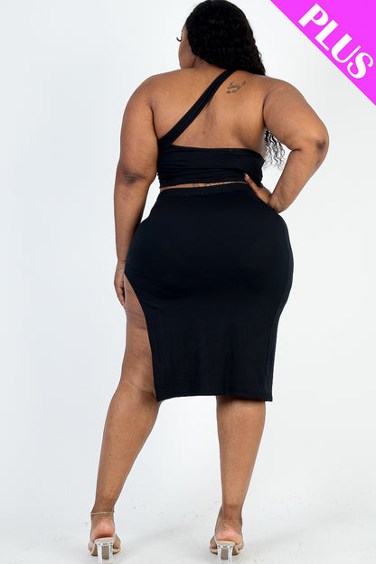 [$5/piece] Plus Size Sexy Solid One Shoulder Crop Top & Split Thigh Midi Skirt Set