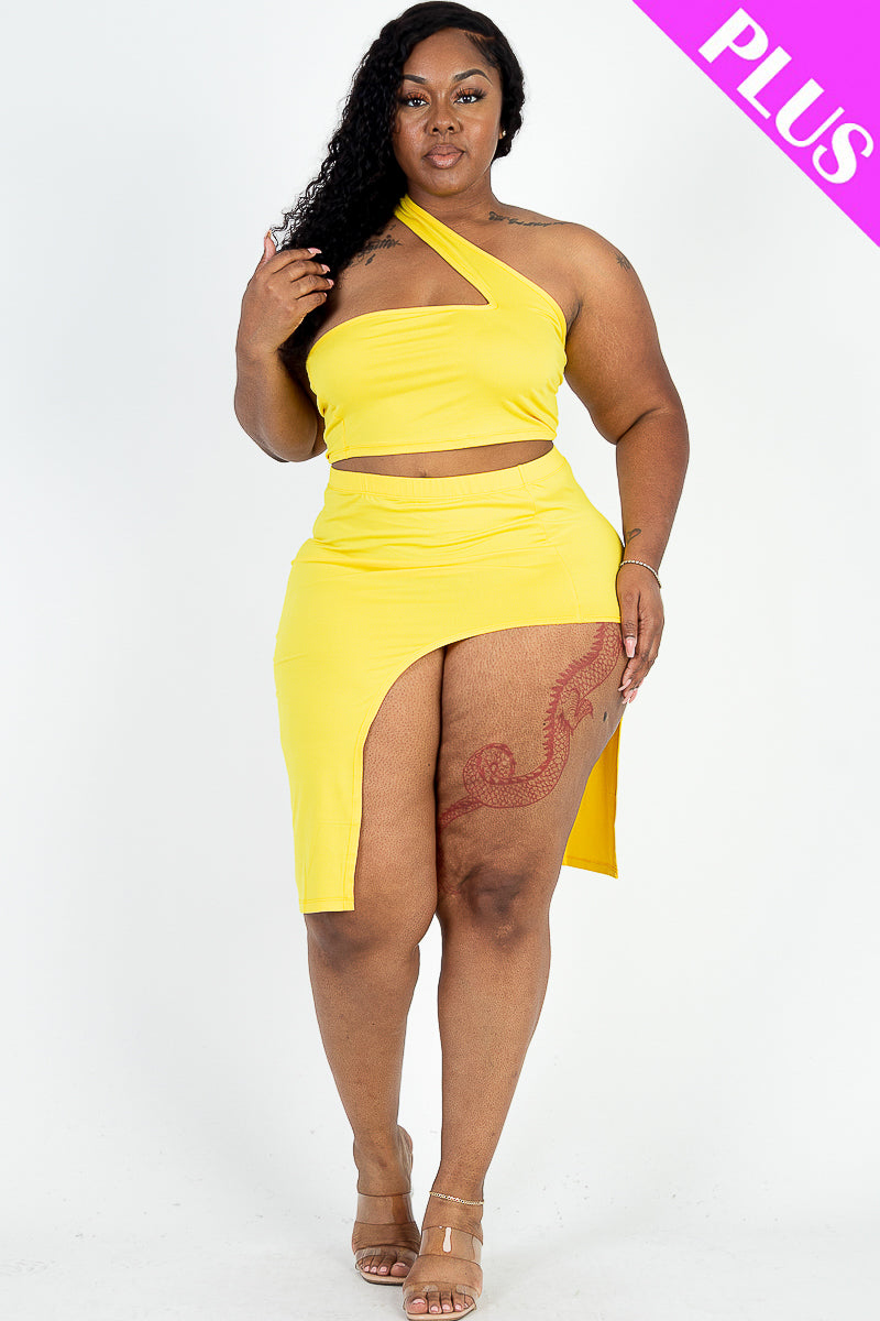 eaphi blouse＋one shoulder jumper skirt 5/piece] Plus Size Sexy Solid One Shoulder Crop Top & Split Thigh