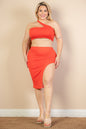 [$5/piece] Plus Size Sexy Solid One Shoulder Crop Top & Split Thigh Midi Skirt Set