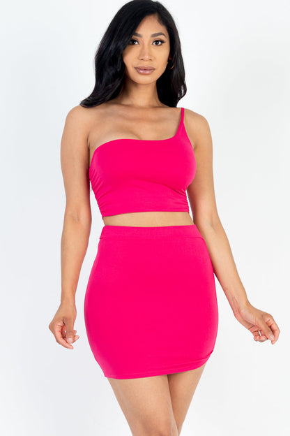 One Shoulder Ruched Crop Top & Mini Skirt Set - Capella Apparel