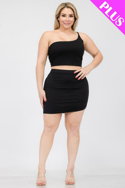 Plus Size One Shoulder Ruched Crop Top & Mini Skirt Set - Capella Apparel