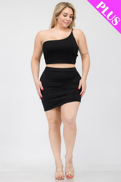 Plus Size One Shoulder Ruched Crop Top & Mini Skirt Set - Capella Apparel