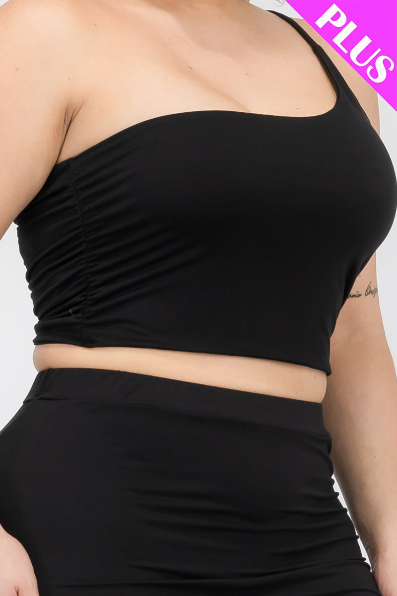 Plus Size One Shoulder Ruched Crop Top & Mini Skirt Set - Capella Apparel