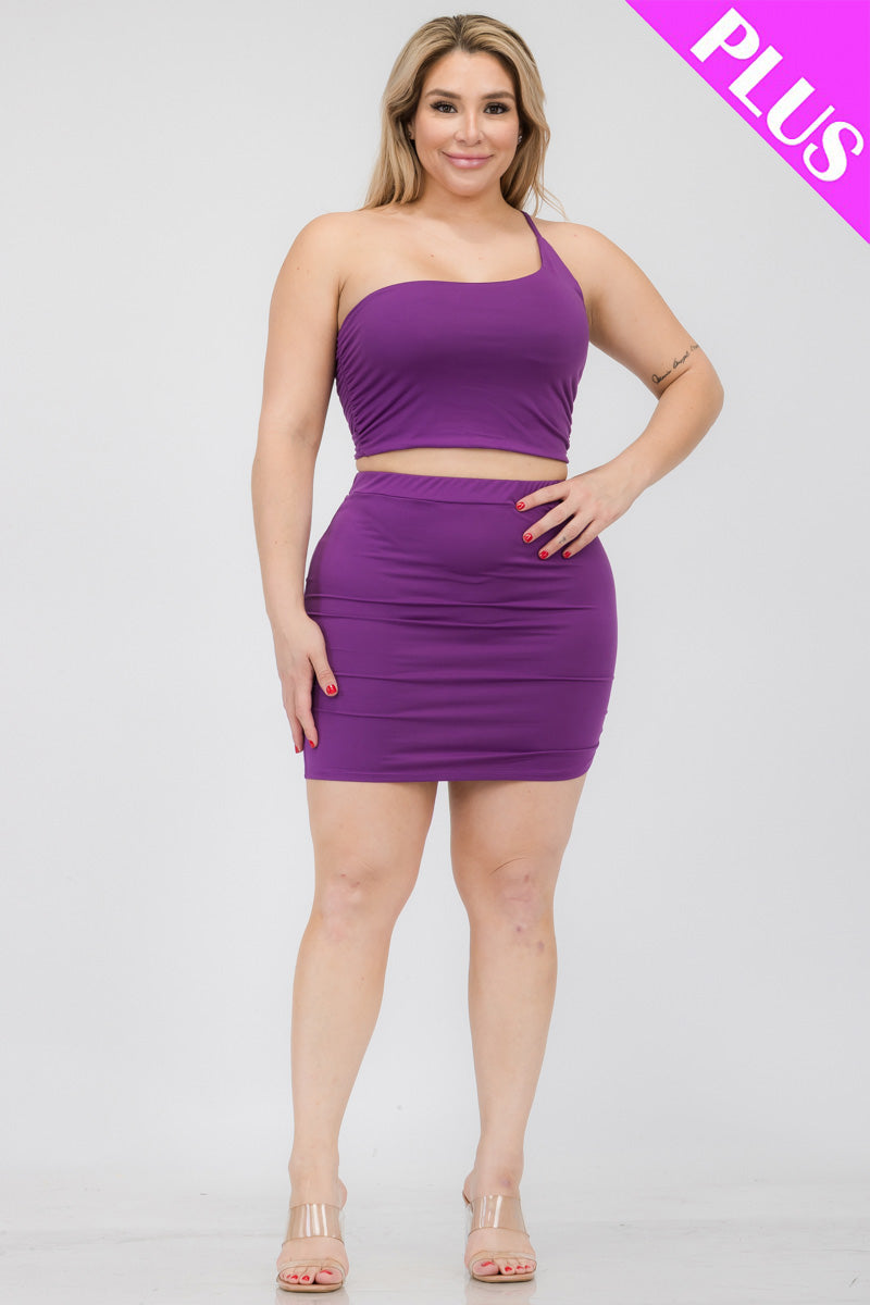 Plus Size One Shoulder Ruched Crop Top & Mini Skirt Set - Capella Apparel