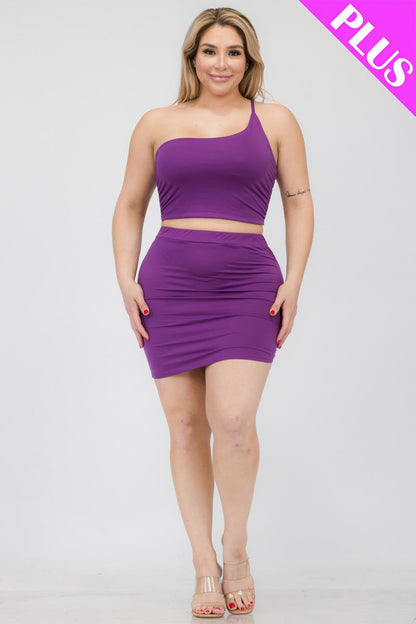 Plus Size One Shoulder Ruched Crop Top & Mini Skirt Set - Capella Apparel