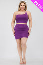 Plus Size One Shoulder Ruched Crop Top & Mini Skirt Set - Capella Apparel