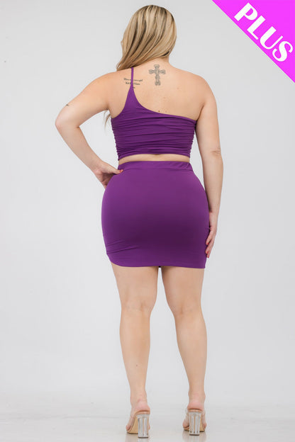 Plus Size One Shoulder Ruched Crop Top & Mini Skirt Set - Capella Apparel