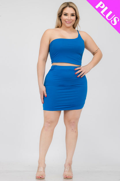 Plus Size One Shoulder Ruched Crop Top & Mini Skirt Set - Capella Apparel