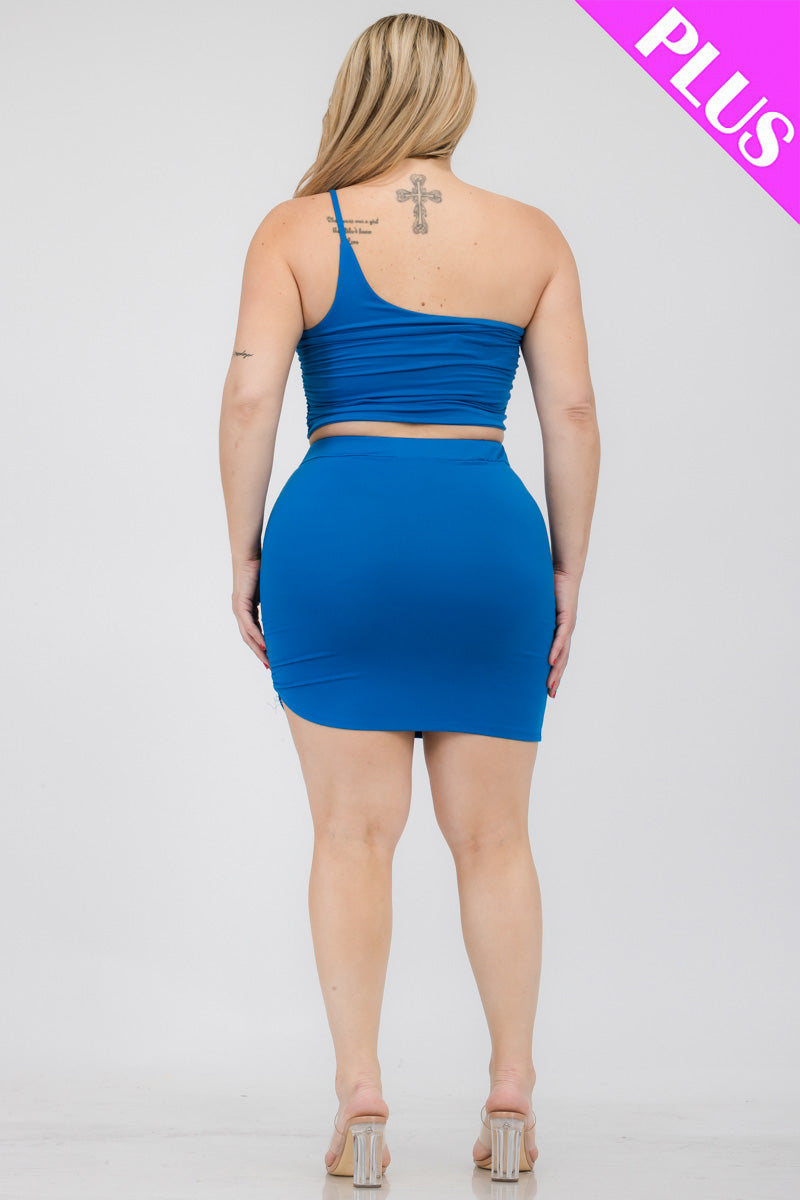 Plus Size One Shoulder Ruched Crop Top & Mini Skirt Set - Capella Apparel