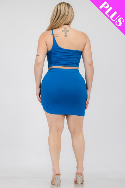 Plus Size One Shoulder Ruched Crop Top & Mini Skirt Set - Capella Apparel