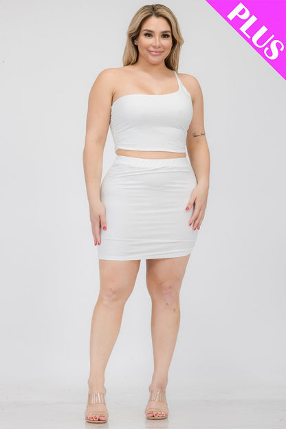 Plus Size One Shoulder Ruched Crop Top & Mini Skirt Set - Capella Apparel