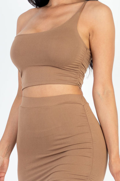 One Shoulder Ruched Crop Top & Mini Skirt Set - Capella Apparel