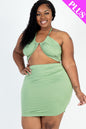 Plus Size Sexy Solid Crisscross Halter Top & Ruched Mini Skirt Set - Capella Apparel