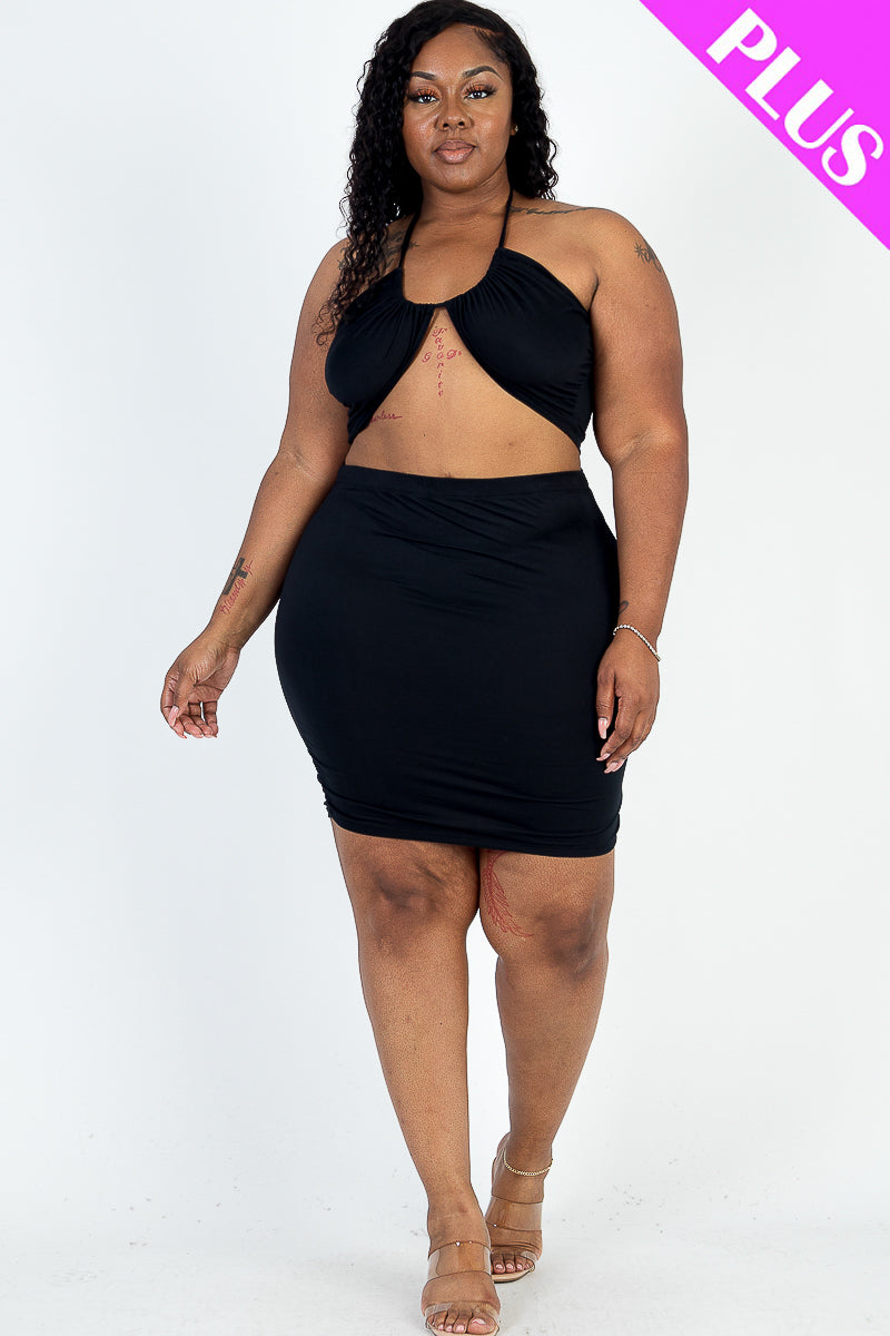 Plus Size Sexy Solid Crisscross Halter Top & Ruched Mini Skirt Set - Capella Apparel