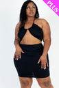 Plus Size Sexy Solid Crisscross Halter Top & Ruched Mini Skirt Set - Capella Apparel