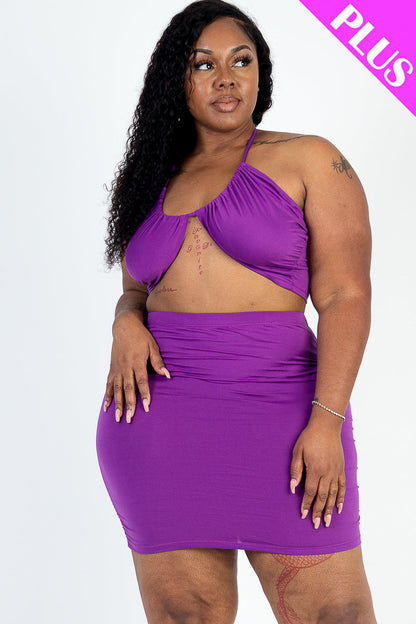 Plus Size Sexy Solid Crisscross Halter Top & Ruched Mini Skirt Set - Capella Apparel