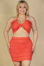 Plus Size Sexy Solid Crisscross Halter Top & Ruched Mini Skirt Set - Capella Apparel