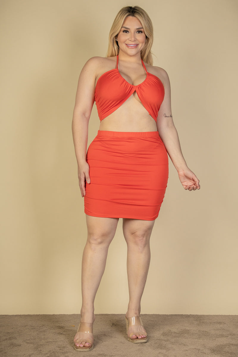 Plus Size Sexy Solid Crisscross Halter Top & Ruched Mini Skirt Set - Capella Apparel