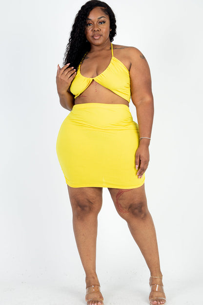 Plus Size Sexy Solid Crisscross Halter Top & Ruched Mini Skirt Set - Capella Apparel