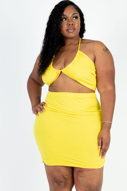 Plus Size Sexy Solid Crisscross Halter Top & Ruched Mini Skirt Set - Capella Apparel