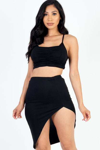 Sexy Solid Color Ruched Cami Crop Top & High Slit Midi Skirt Set - Capella Apparel