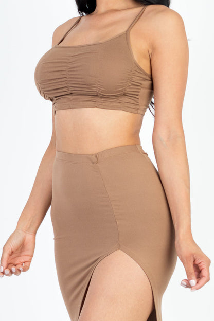 Sexy Solid Color Ruched Cami Crop Top & High Slit Midi Skirt Set - Capella Apparel