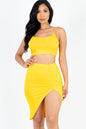 Sexy Solid Color Ruched Cami Crop Top & High Slit Midi Skirt Set - Capella Apparel