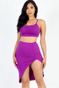 Sexy Solid Color Ruched Cami Crop Top & High Slit Midi Skirt Set - Capella Apparel