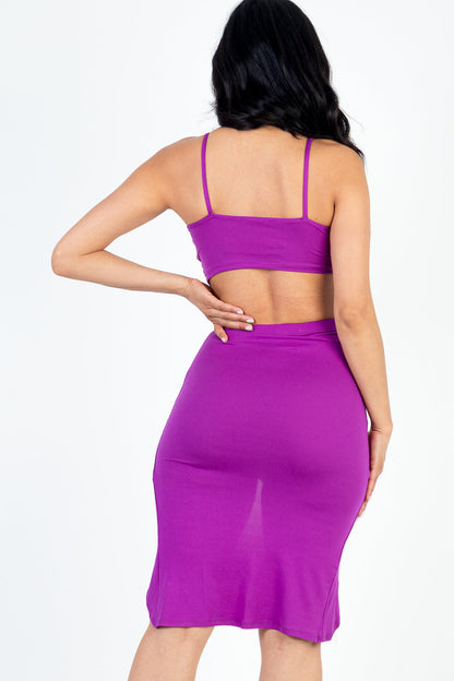 Sexy Solid Color Ruched Cami Crop Top & High Slit Midi Skirt Set - Capella Apparel