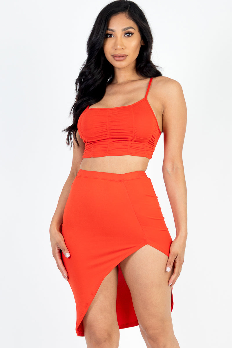 Sexy Solid Color Ruched Cami Crop Top & High Slit Midi Skirt Set - Capella Apparel