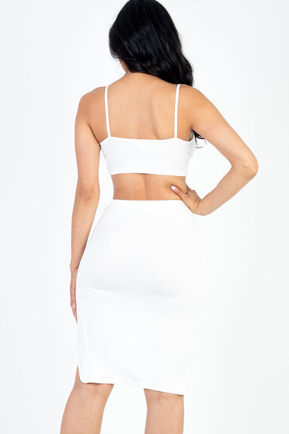 Sexy Solid Color Ruched Cami Crop Top & High Slit Midi Skirt Set - Capella Apparel