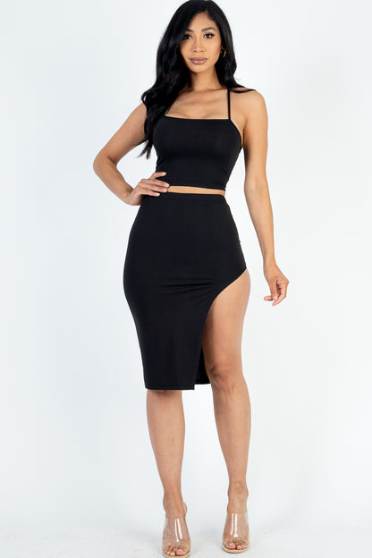 [$3/piece] Sexy Solid Color Crisscross Back Cami Crop Top & Split Thigh Midi Skirt Set