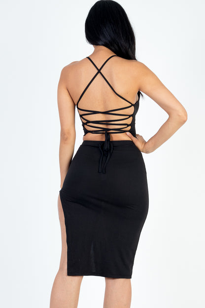 [$3/piece] Sexy Solid Color Crisscross Back Cami Crop Top & Split Thigh Midi Skirt Set