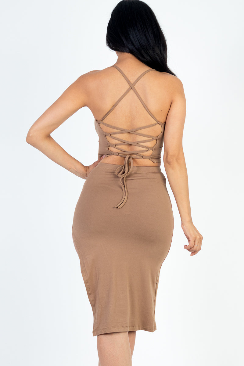 [$3/piece] Sexy Solid Color Crisscross Back Cami Crop Top & Split Thigh Midi Skirt Set